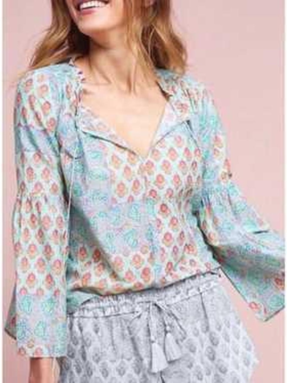 Anthropologie Lilka Paisley Top Bell Long Sleeve Tassels Prairie Peasant Pastel